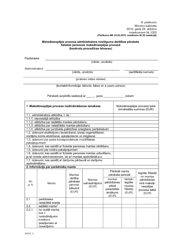 Maksātnespējas procesa administratora noslēguma darbības pārskats fiziskās personas maksātnespējas procesā  (bankrota procedūras ietvaros) 